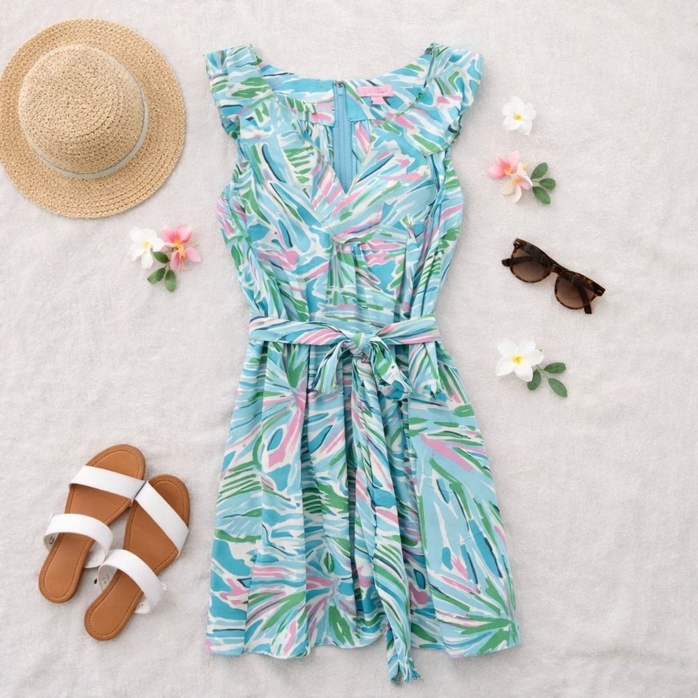 Lily Pulitzer GIULIANA Sleeveless Belted Zip Back Snorkle Blue Dress. Sz 8